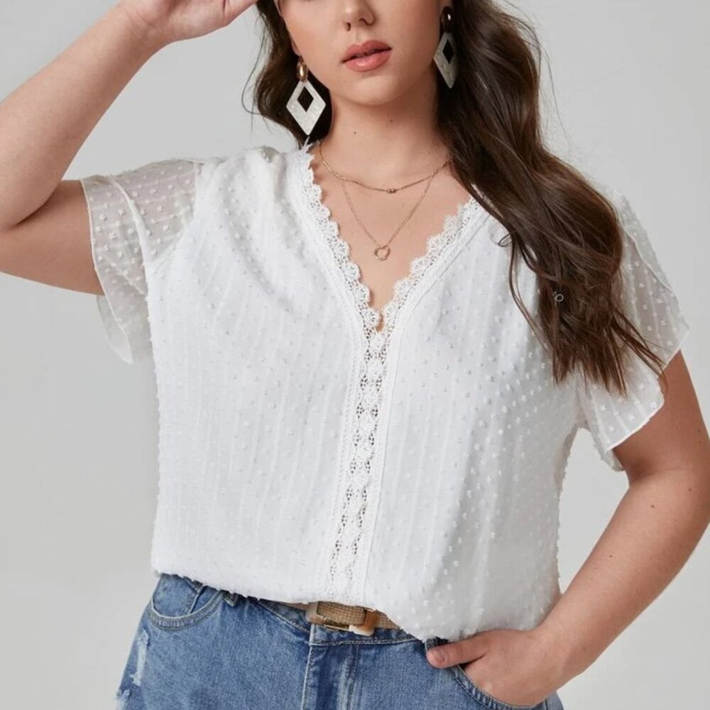 Plus Swiss Dot Contrast Lace Blouse